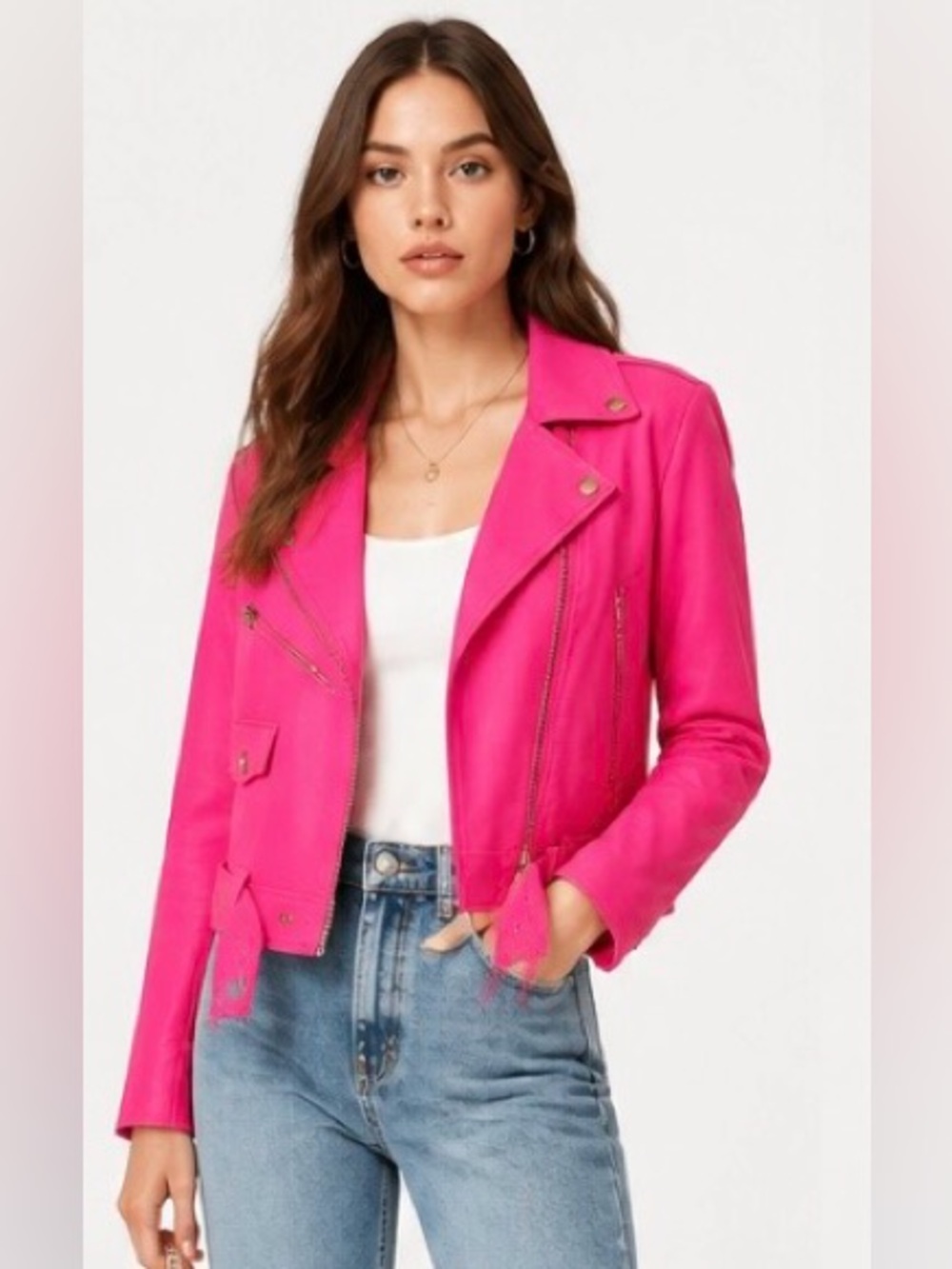 DOLAN Anthropologie Moto Jacket Pink Zipper Belt Notched Collar Cropped Small